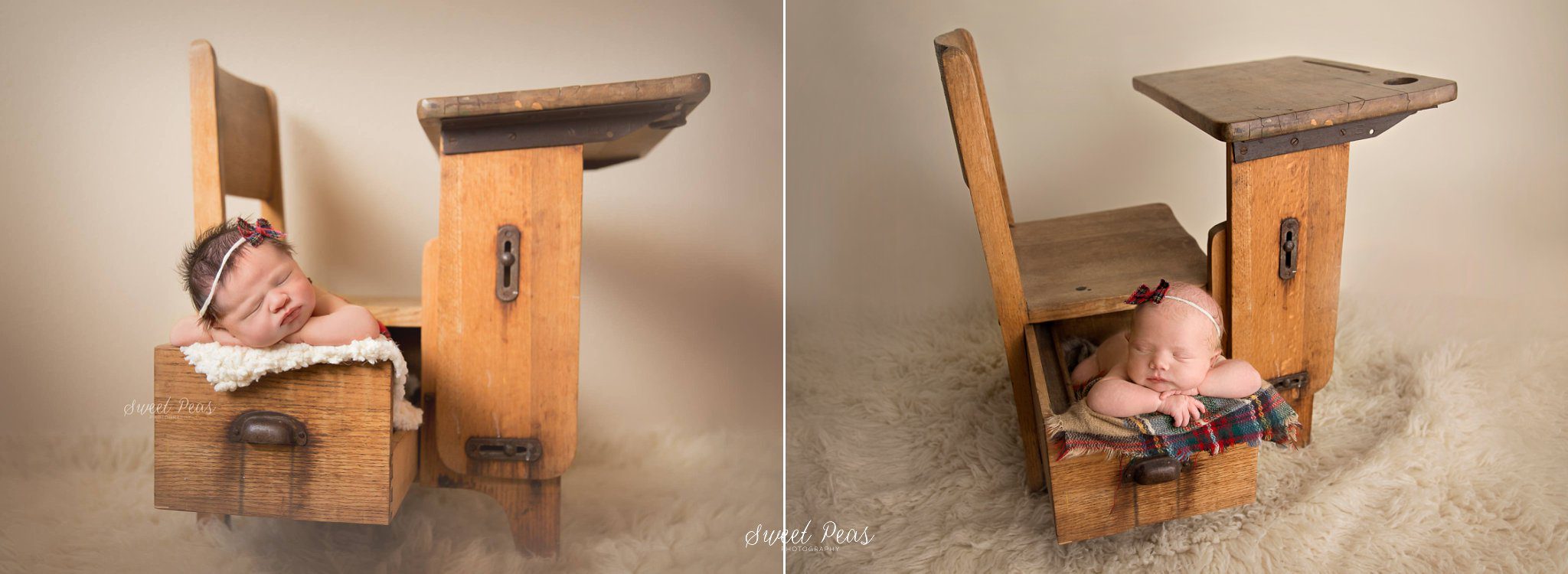 Kingman Newborn Photographer babies in an antique desk