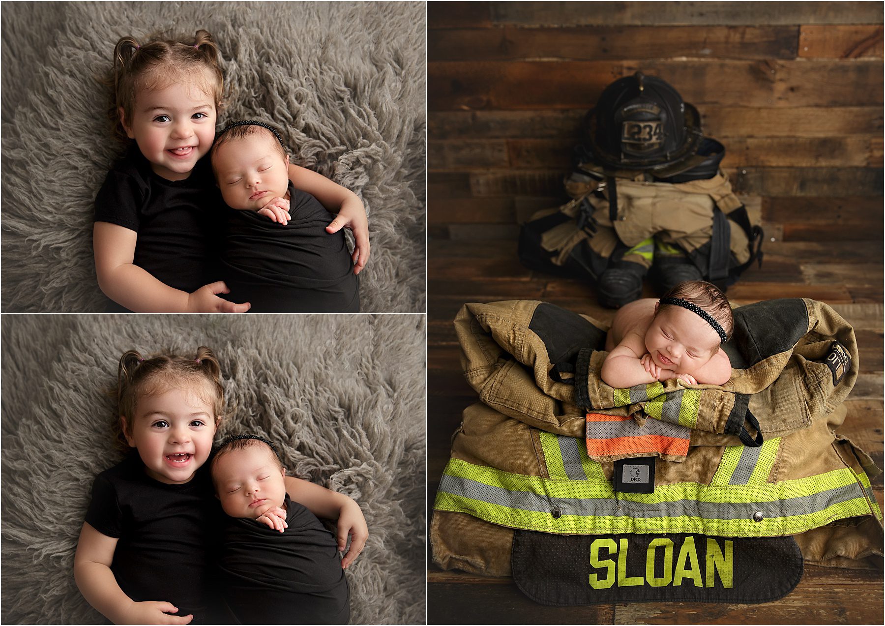 sibling posing firefighter gear newborn session